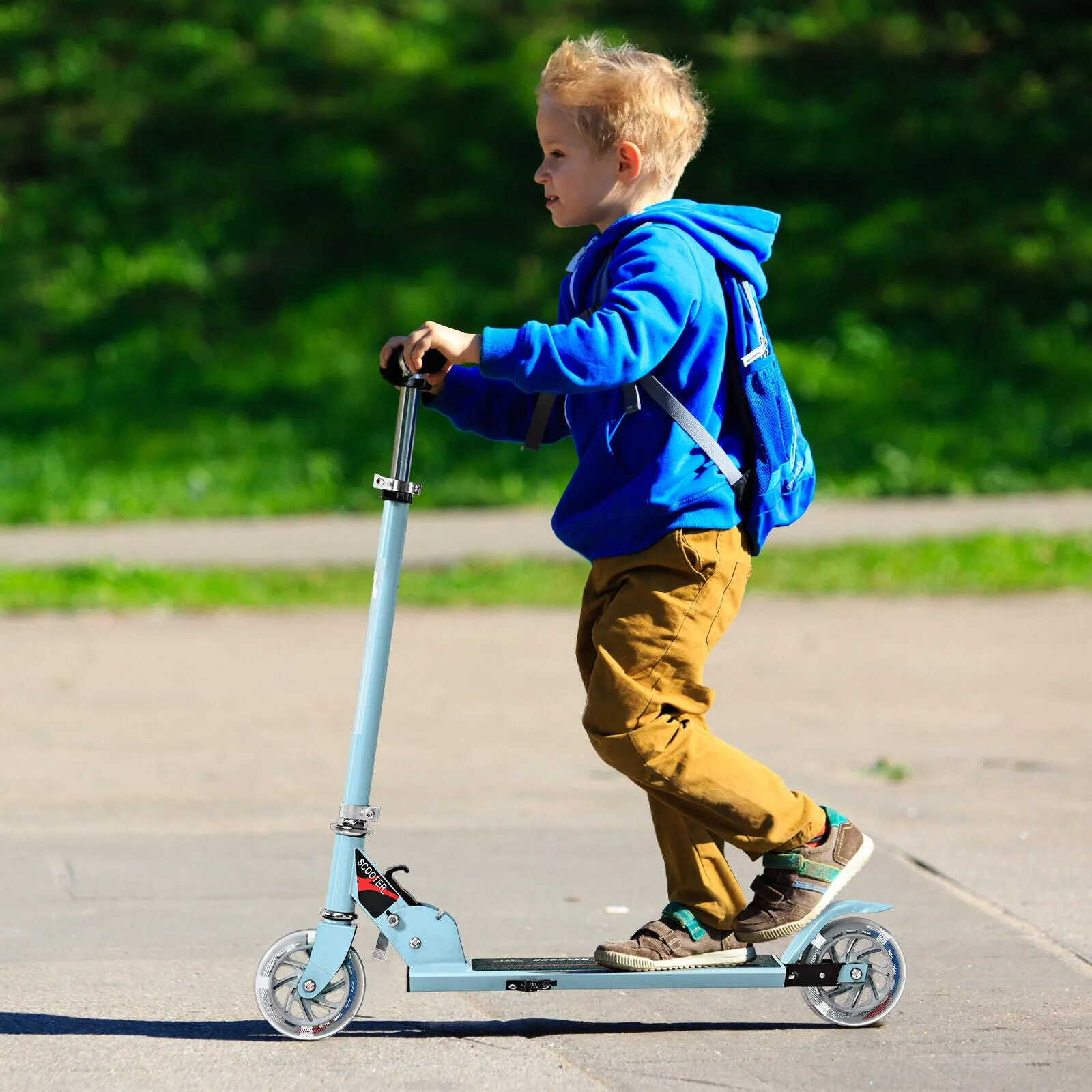 Height Adjustable Folding Stunt Scooter | Adjustable T-Bar | Push Kick | Light Up 2 Wheels | Blue | 4-13 Years