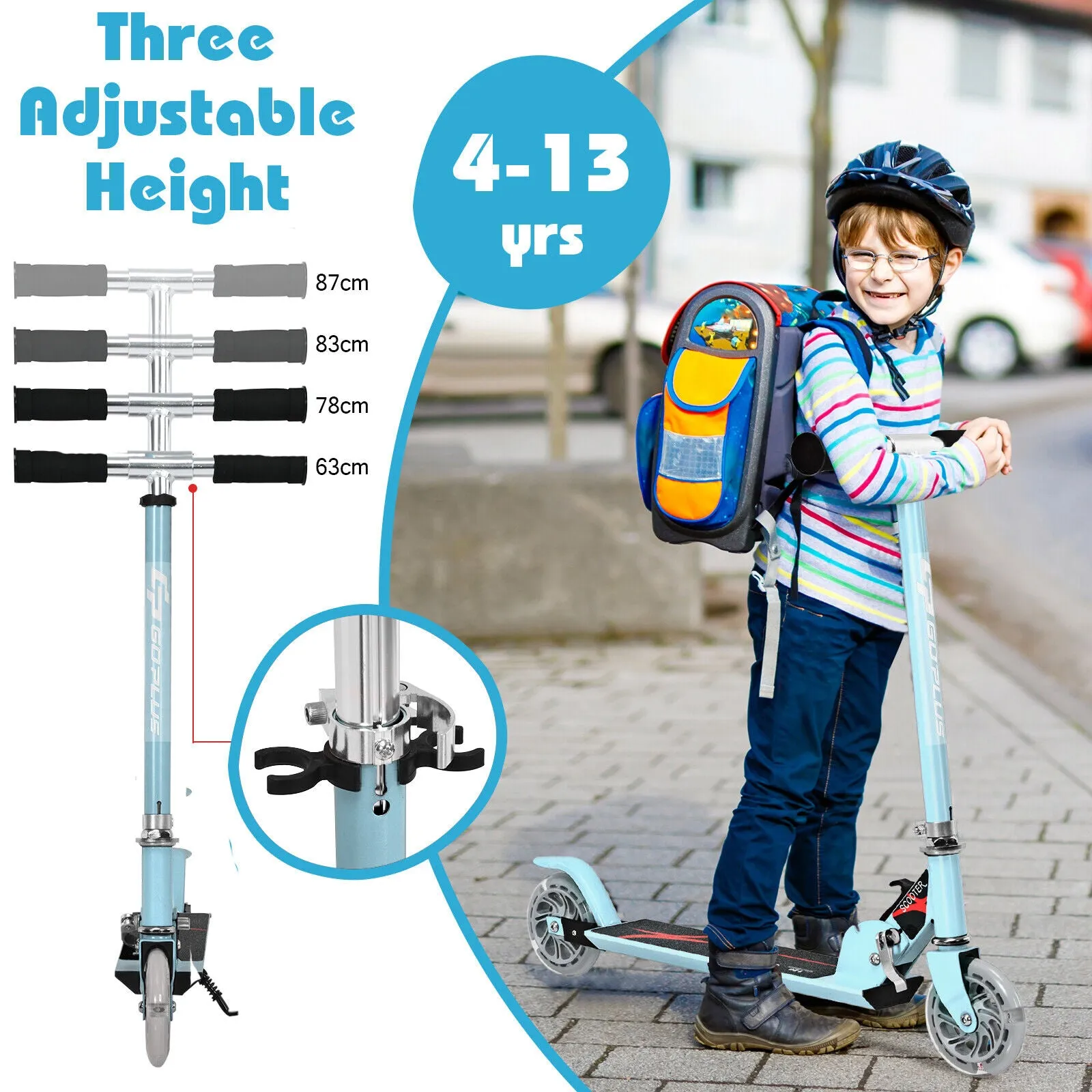 Height Adjustable Folding Stunt Scooter | Adjustable T-Bar | Push Kick | Light Up 2 Wheels | Blue | 4-13 Years