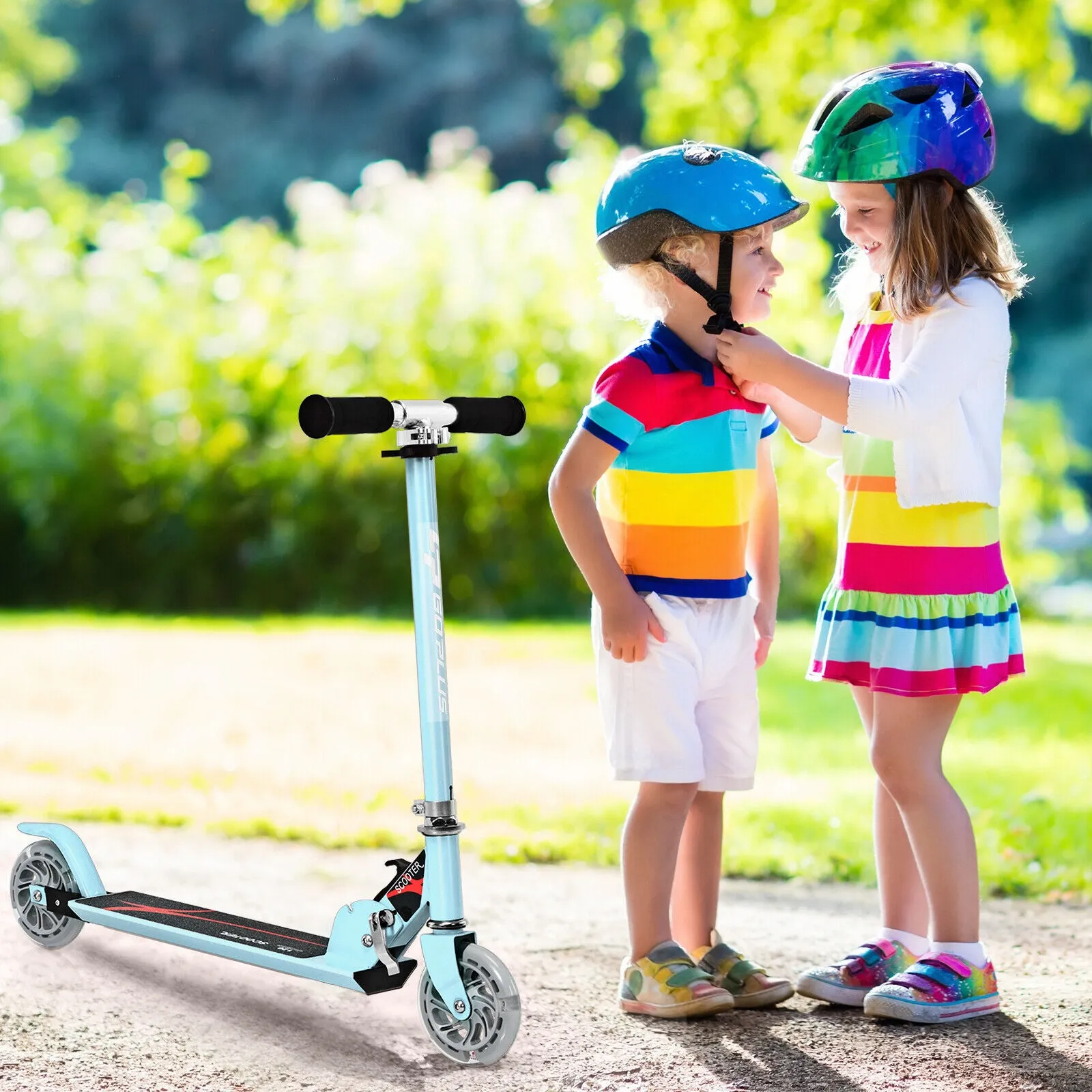 Height Adjustable Folding Stunt Scooter | Adjustable T-Bar | Push Kick | Light Up 2 Wheels | Blue | 4-13 Years