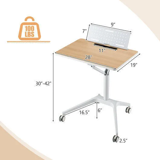 Height Adjustable Mobile Standing Desk with Detachable Holde-Natural - Color: Na
