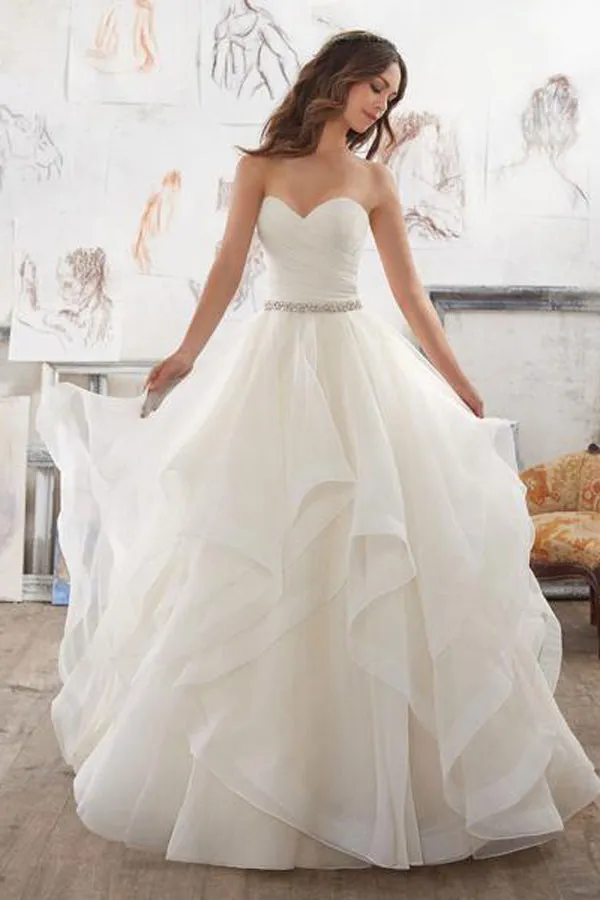 Illusion A Line Sweetheart Strapless Wedding Dresses,Ruffles Beading Belt Cheap Wedding Gown,SW81