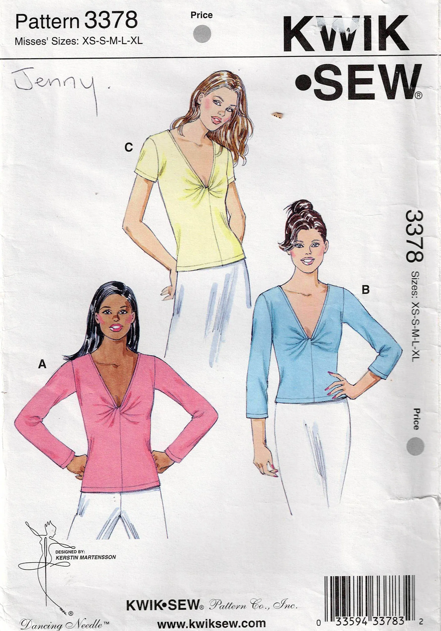 Kwik Sew 3378 Womens Stretch Pullover Twist Front Long or Short Sleeved T Shirts Out Of Print Sewing Pattern Size XS - XL UNCUT Factory Folded
