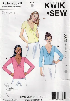 Kwik Sew 3378 Womens Stretch Pullover Twist Front Long or Short Sleeved T Shirts Out Of Print Sewing Pattern Size XS - XL UNCUT Factory Folded