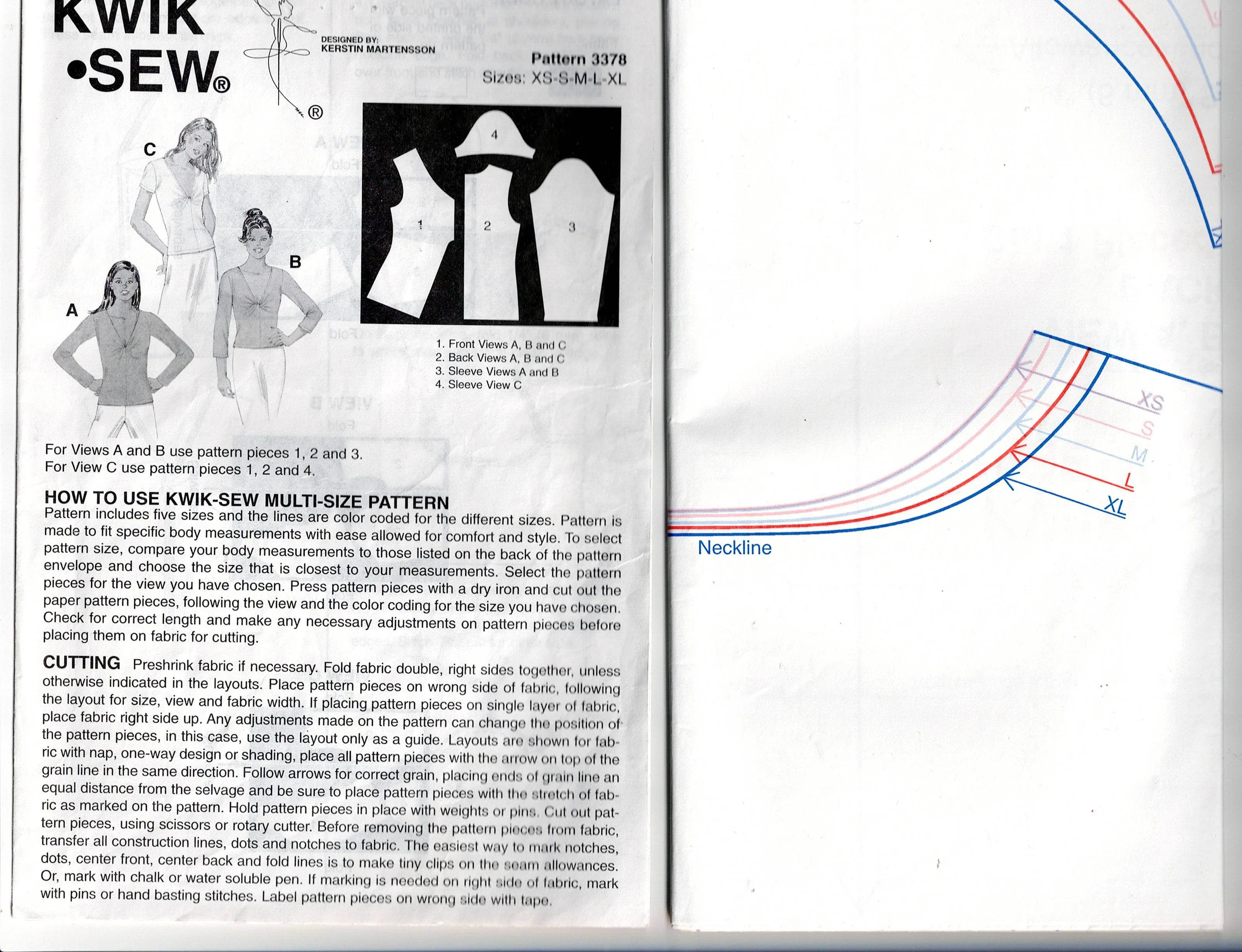 Kwik Sew 3378 Womens Stretch Pullover Twist Front Long or Short Sleeved T Shirts Out Of Print Sewing Pattern Size XS - XL UNCUT Factory Folded