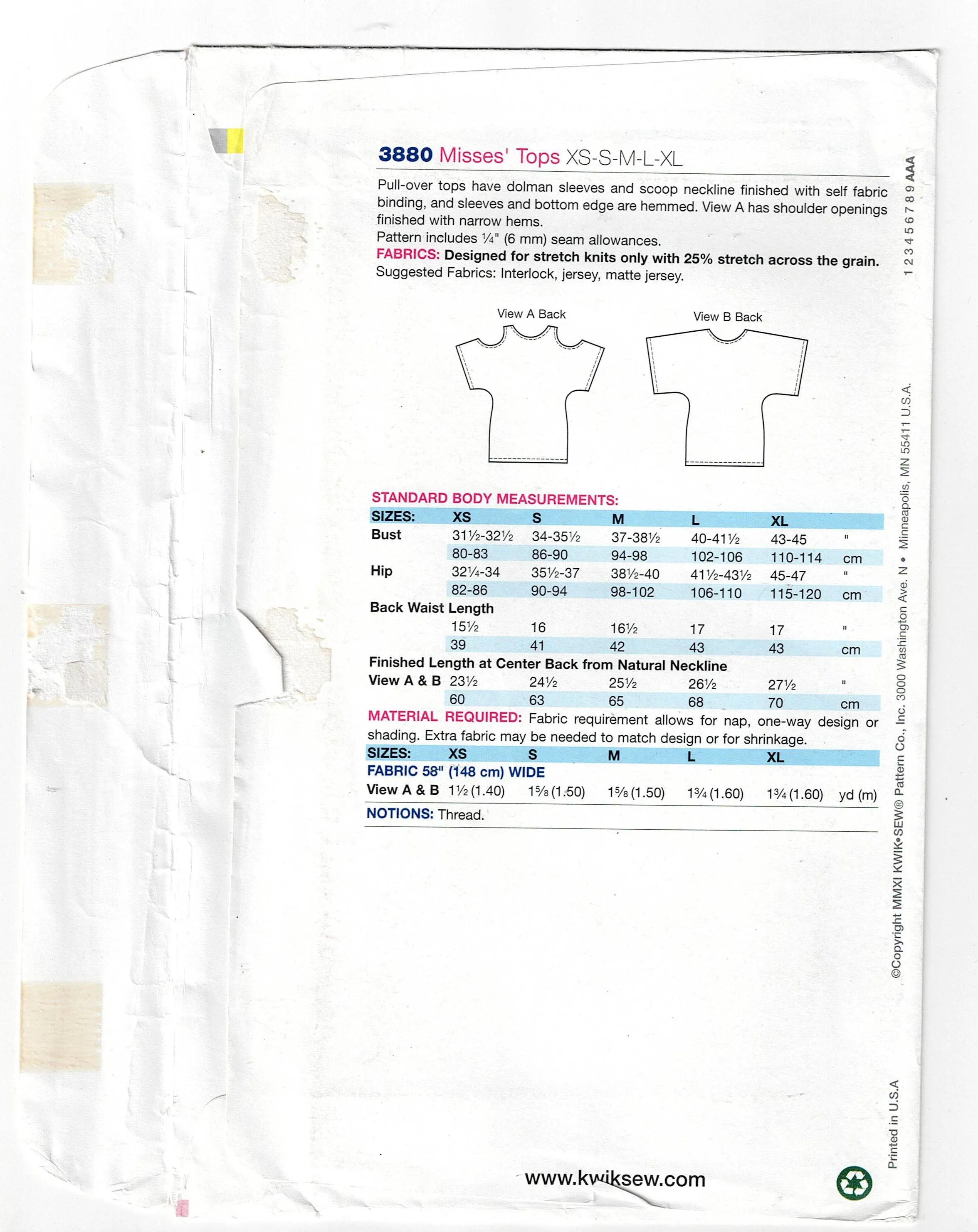 Kwik Sew 3880 Womens Stretch Pullover T Shirt or Bare Shoulder Tops Out Of Print Sewing Pattern Size XS - XL UNCUT Factory Folded