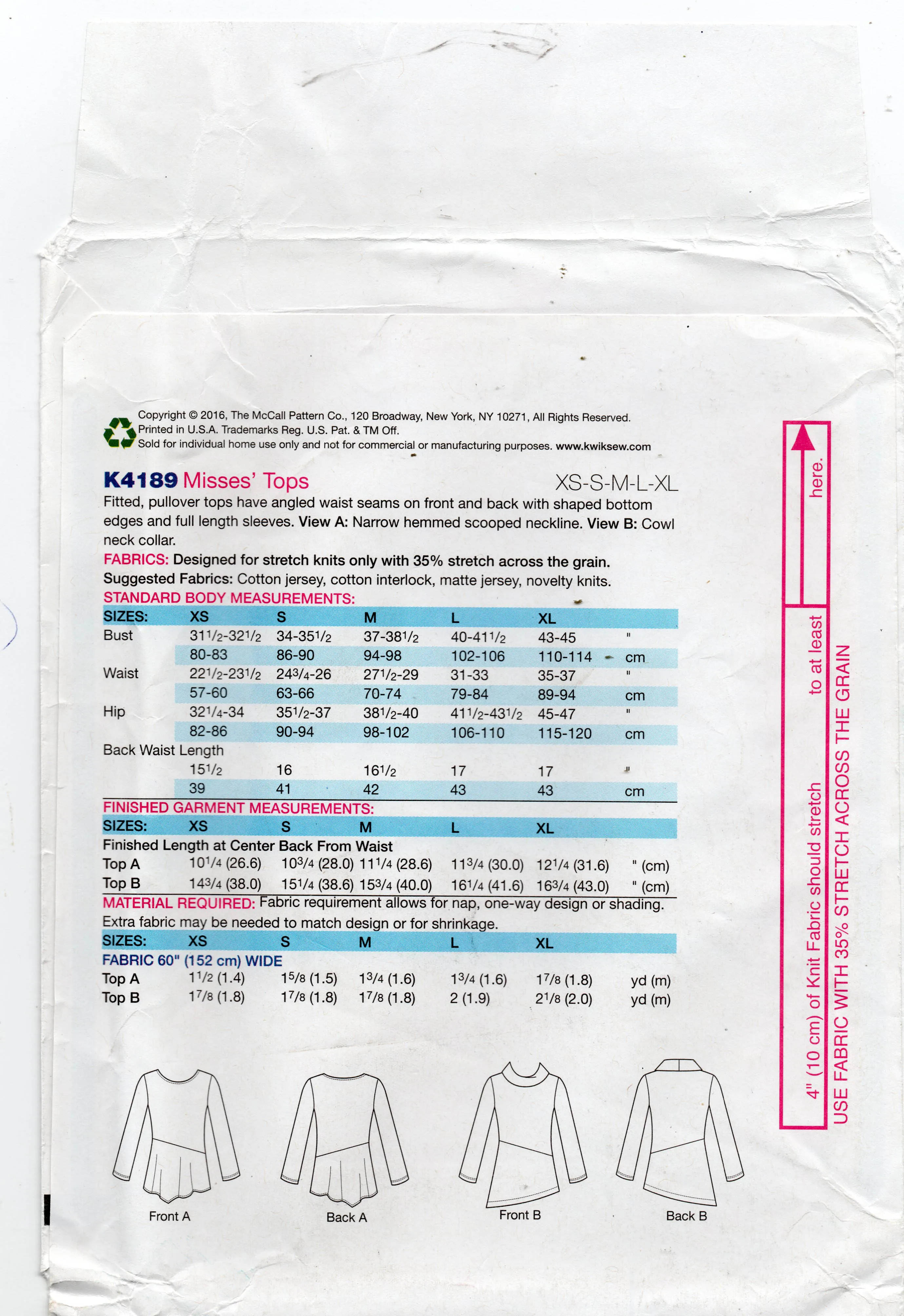 Kwik Sew K4189 Womens Stretch Diagonal Twist / Cowl Neck Tops Out Of Print Sewing Pattern Size XS - XL UNCUT Factory Folded