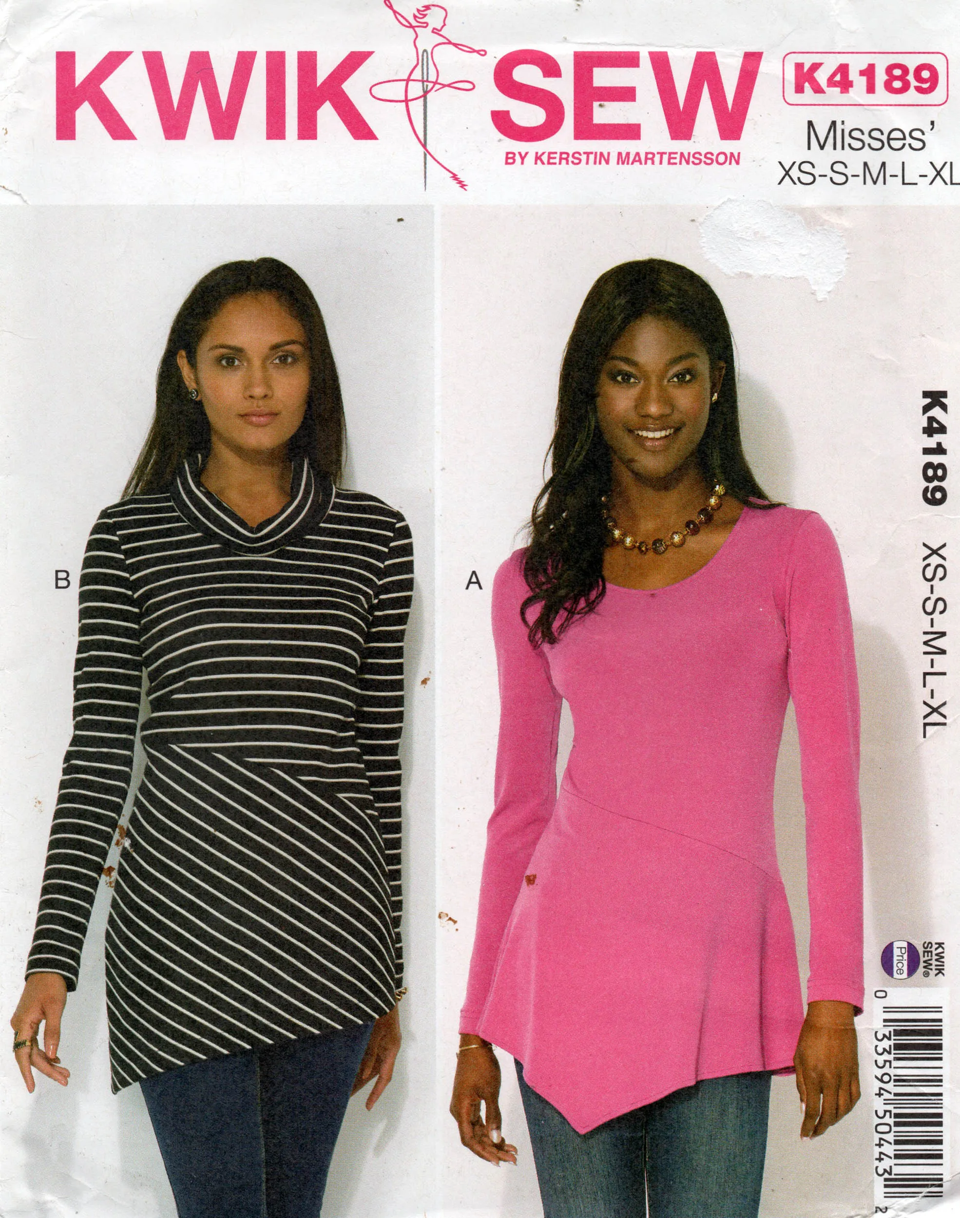 Kwik Sew K4189 Womens Stretch Diagonal Twist / Cowl Neck Tops Out Of Print Sewing Pattern Size XS - XL UNCUT Factory Folded
