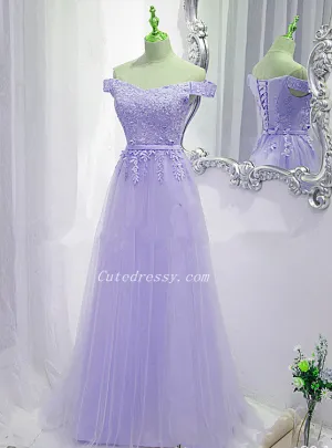 Lavender Tulle Off Shoulder Party Dress with Lace Applique, A-line Tulle Prom Dresses