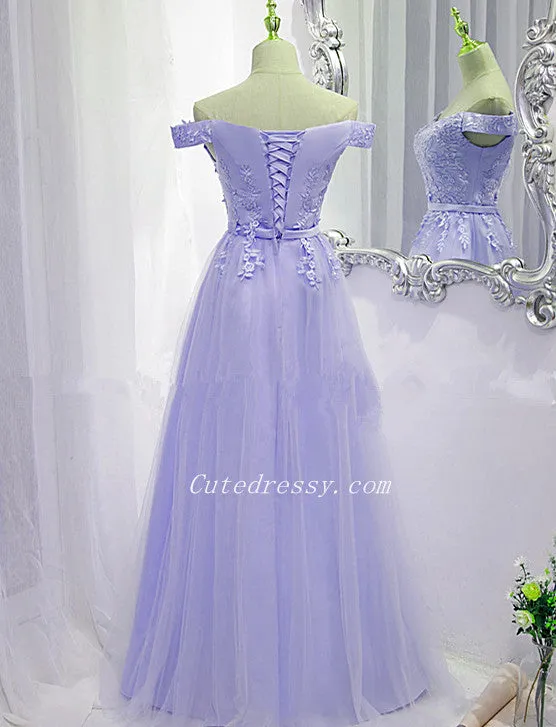 Lavender Tulle Off Shoulder Party Dress with Lace Applique, A-line Tulle Prom Dresses