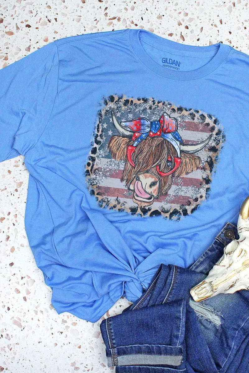 Leopard Framed Patriotic Highland Cow Performance T-Shirt