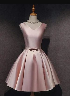 Lovely Dark Pink Short Satin V-neckline Party Dress, Pink Homecoming Dress