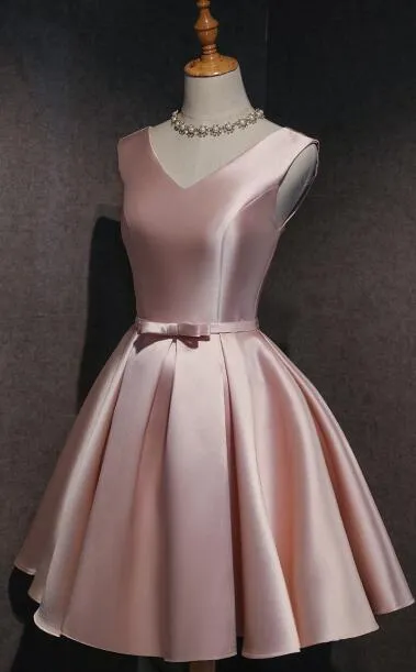 Lovely Dark Pink Short Satin V-neckline Party Dress, Pink Homecoming Dress