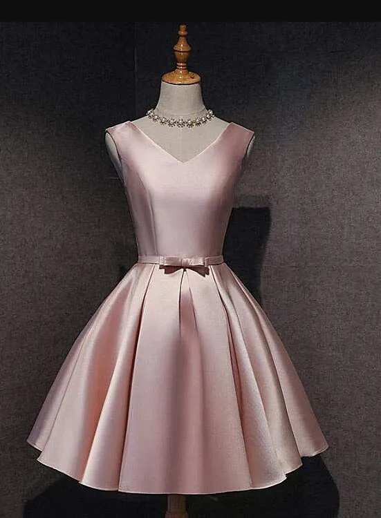 Lovely Dark Pink Short Satin V-neckline Party Dress, Pink Homecoming Dress