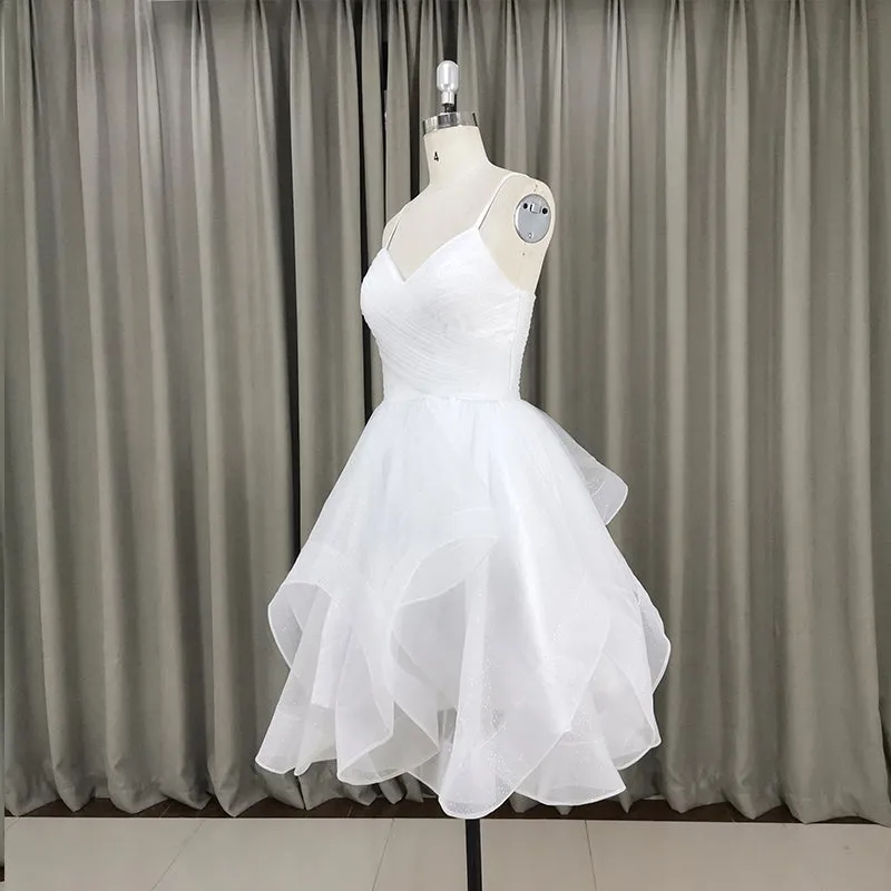 Lovely White Tulle V-neckline Short Party Dress,Homecoming Dress