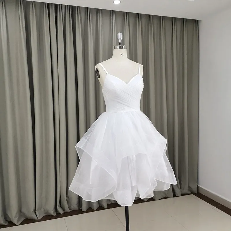 Lovely White Tulle V-neckline Short Party Dress,Homecoming Dress