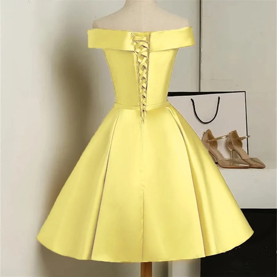 Lovely Yellow Satin Off Shoulder Short Prom Dress, Yellow Prom Dress