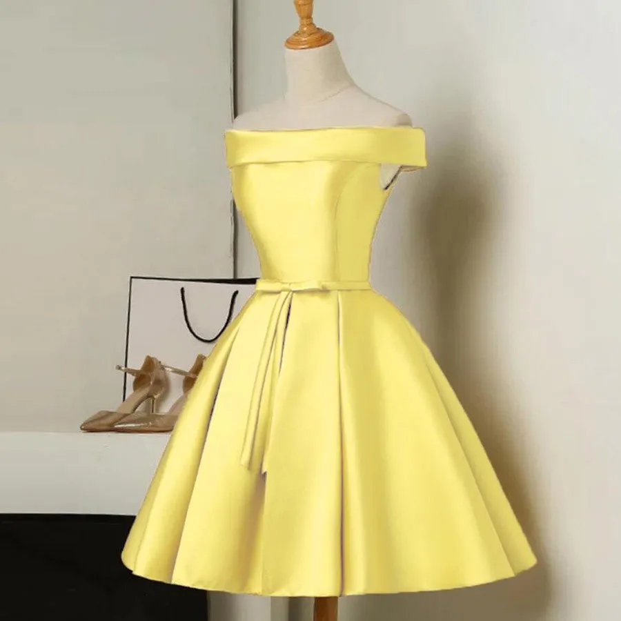 Lovely Yellow Satin Off Shoulder Short Prom Dress, Yellow Prom Dress
