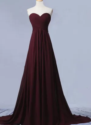 Maroon Long Sweetheart Chiffon Prom Dresses, Pretty Party Dresses, Maroon Bridesmaid Dresses