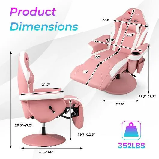 Massage Video Gaming Recliner Chair with Adjustable Height-Pink - Color: Pink