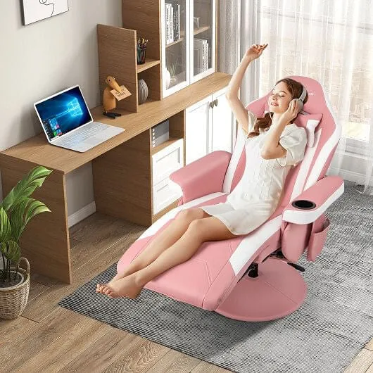 Massage Video Gaming Recliner Chair with Adjustable Height-Pink - Color: Pink
