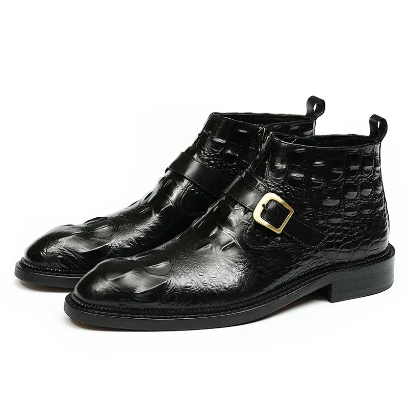 Men's Leather Chelsea Boots with Adjustable Buckle & Elastic Sides