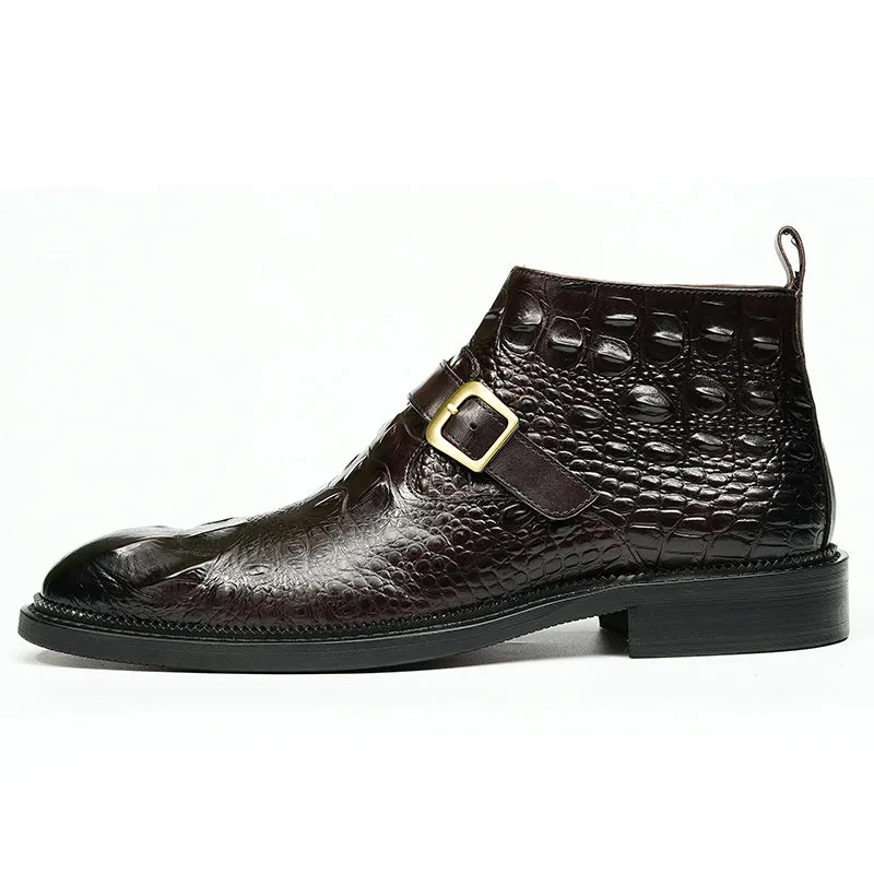 Men's Leather Chelsea Boots with Adjustable Buckle & Elastic Sides