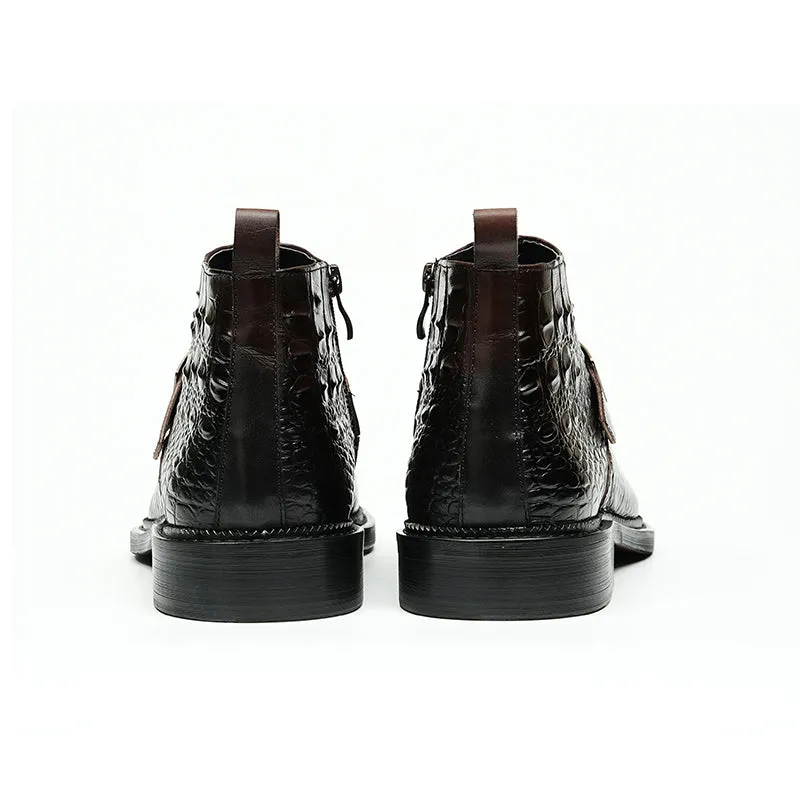 Men's Leather Chelsea Boots with Adjustable Buckle & Elastic Sides