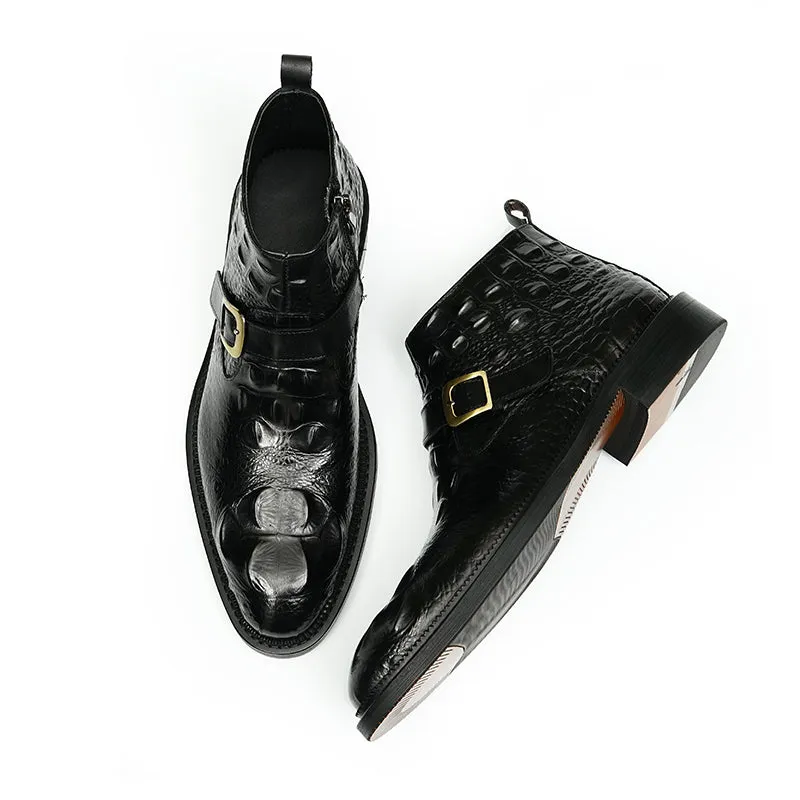 Men's Leather Chelsea Boots with Adjustable Buckle & Elastic Sides