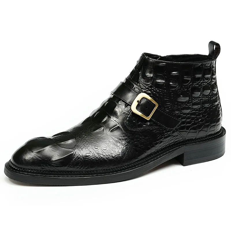 Men's Leather Chelsea Boots with Adjustable Buckle & Elastic Sides