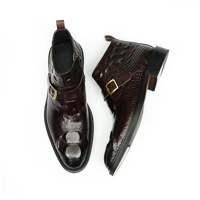 Men's Leather Chelsea Boots with Adjustable Buckle & Elastic Sides