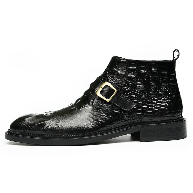 Men's Leather Chelsea Boots with Adjustable Buckle & Elastic Sides