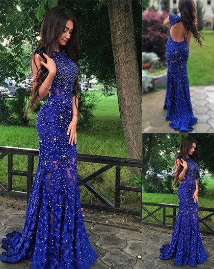 Mermaid Prom Dress with Beading,Royal Blue Sweep Train Prom Gowns,Lace Backless Prom Dresses,SIM629