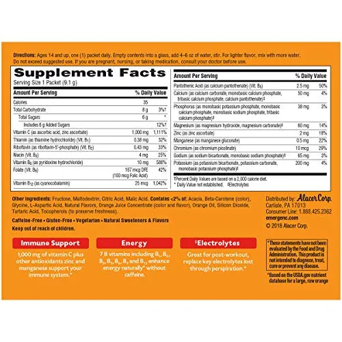 Mezcla para suplemento dietético bebible Emergen-C, con 0,035 oz de vitamina C, sin cafeína, 30 paquetes de 0.30 oz cada uno, sabor açaí, ACR-030, Anaranjado, 1, 1