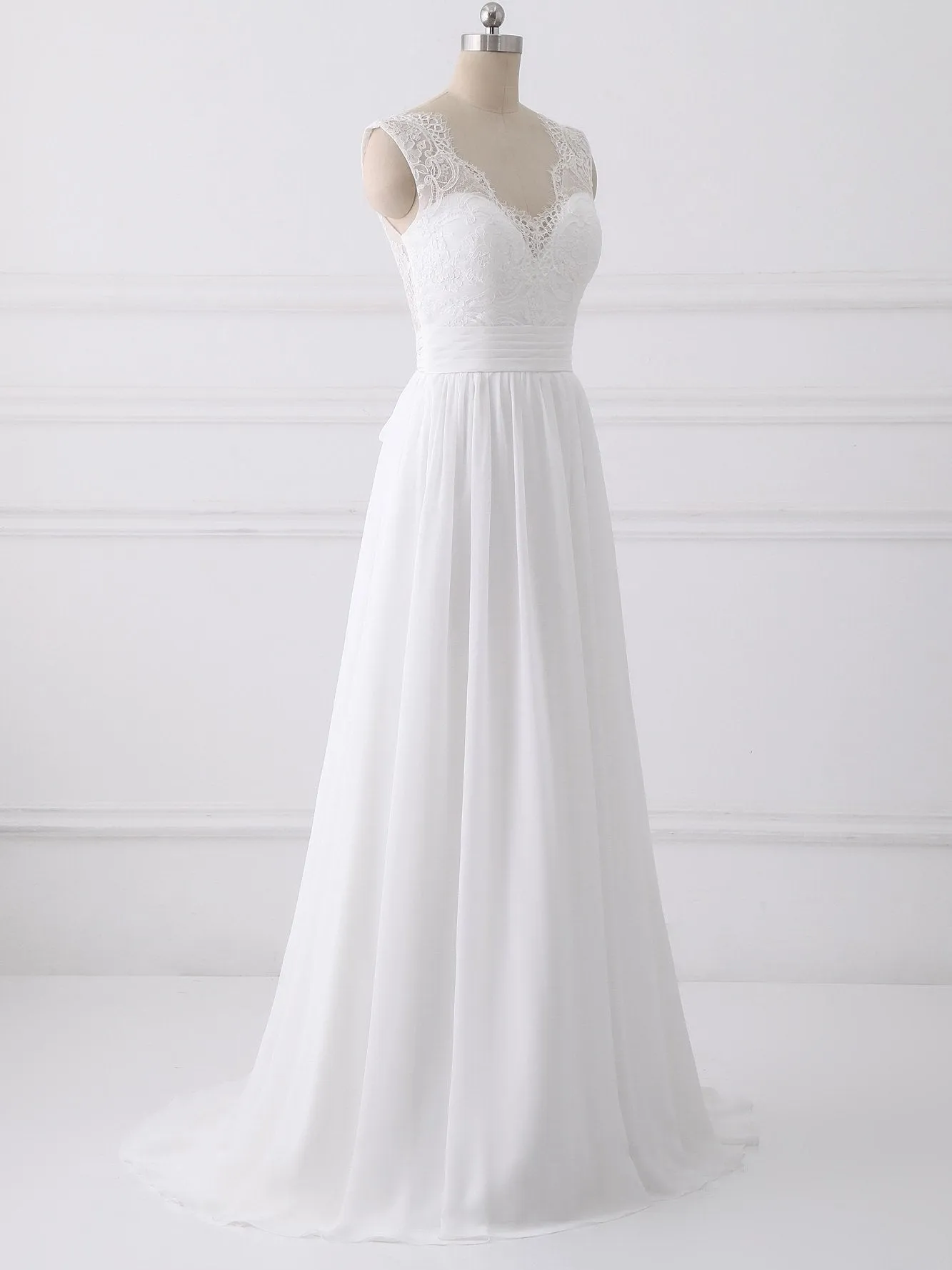 Modest V Neck Lace Straps Simple Custom Cheap Beach Wedding Dresses, WD317