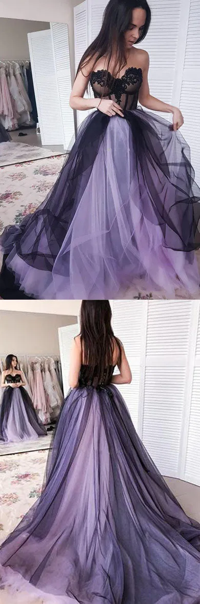 New Arrival A-line Tulle Sweetheart Beaded Long Prom Dresses with Appliques, SP478