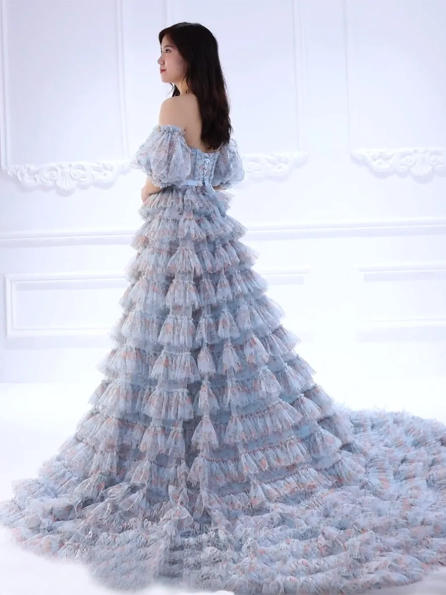 Off Shoulder Soft Tulle Floral Prom Gown Photo Shoot Dress YW231096
