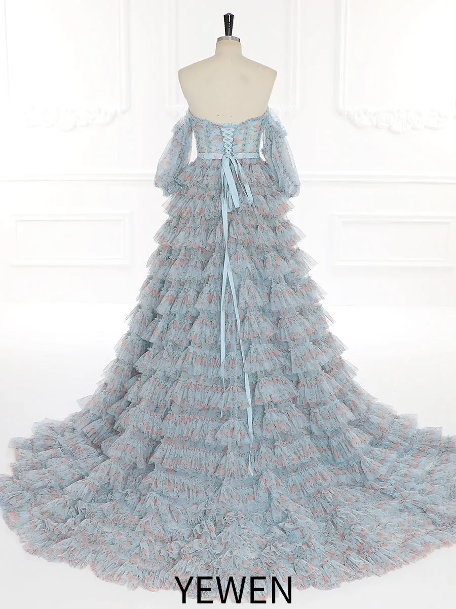 Off Shoulder Soft Tulle Floral Prom Gown Photo Shoot Dress YW231096