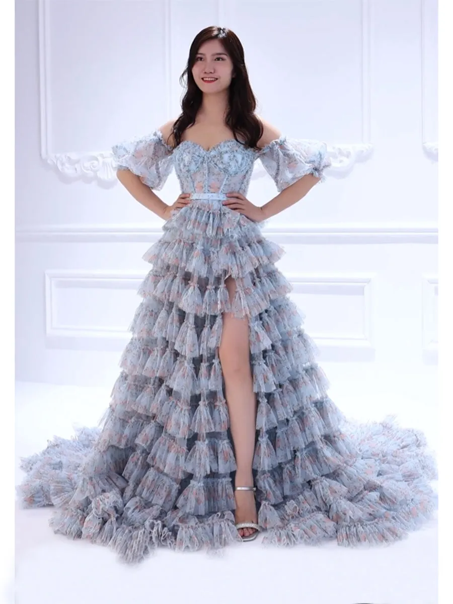 Off Shoulder Soft Tulle Floral Prom Gown Photo Shoot Dress YW231096