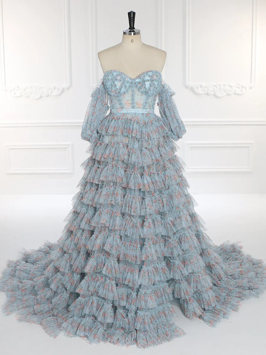 Off Shoulder Soft Tulle Floral Prom Gown Photo Shoot Dress YW231096
