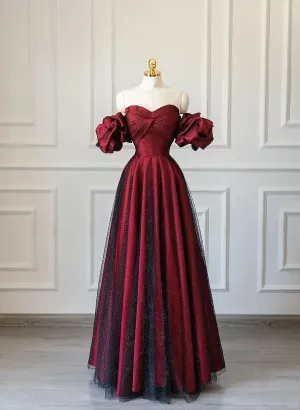 Off Shoulder Wine Red Sweetheart Tulle Prom Dress, A-line Wine Red Evening Dress