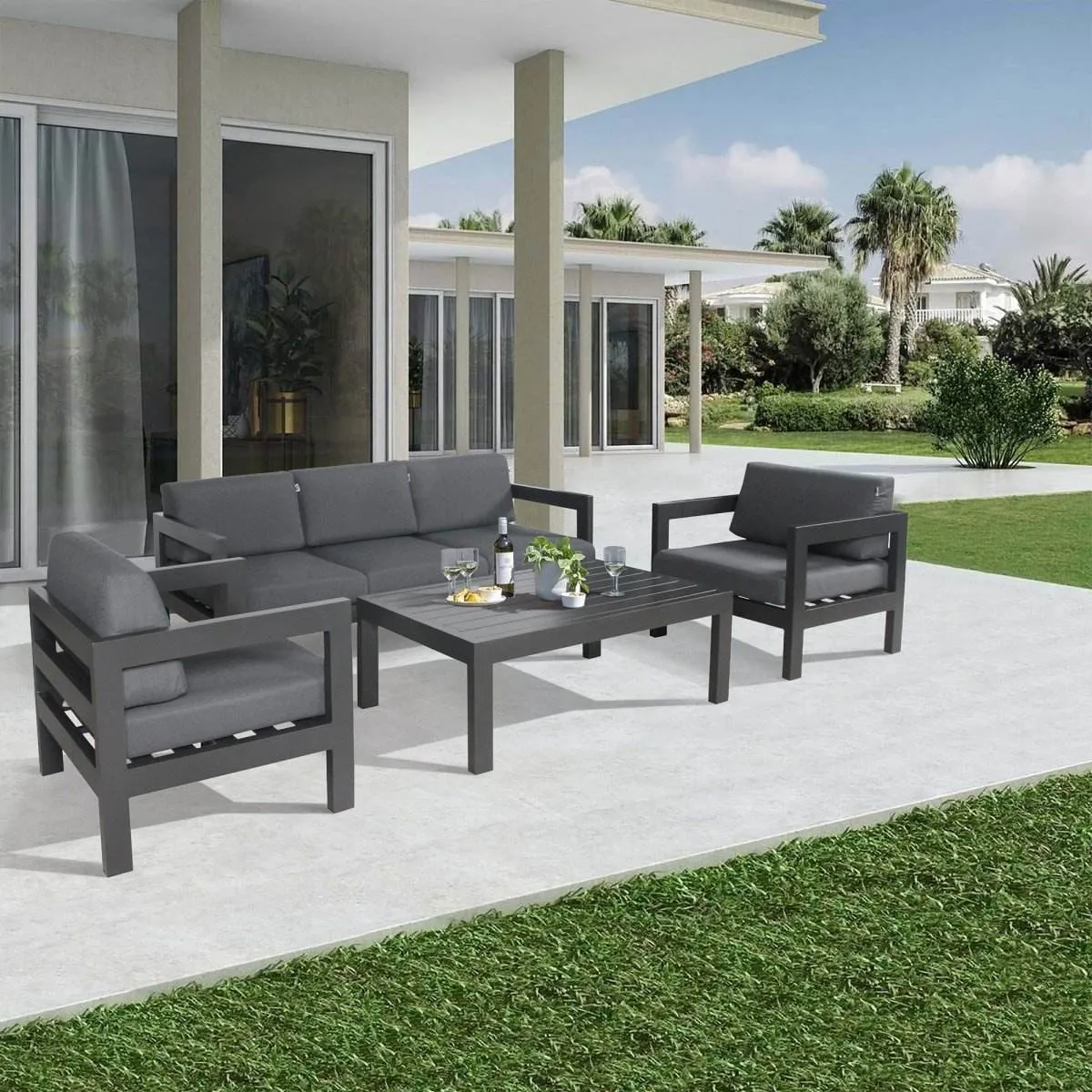 Outie 3pc Set 1 1 2 Seater Outdoor Sofa Lounge Aluminium Frame Charcoal