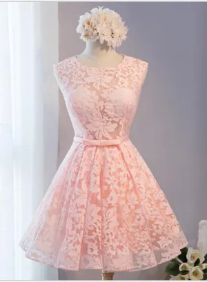 Pink Lace Knee Length Party Dress, Homecoming Dress Short Prom Dress
