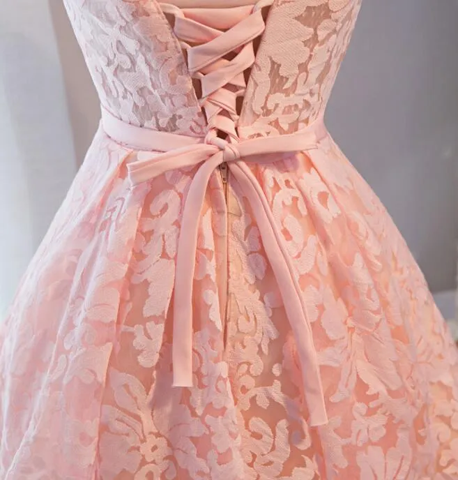 Pink Lace Knee Length Party Dress, Homecoming Dress Short Prom Dress