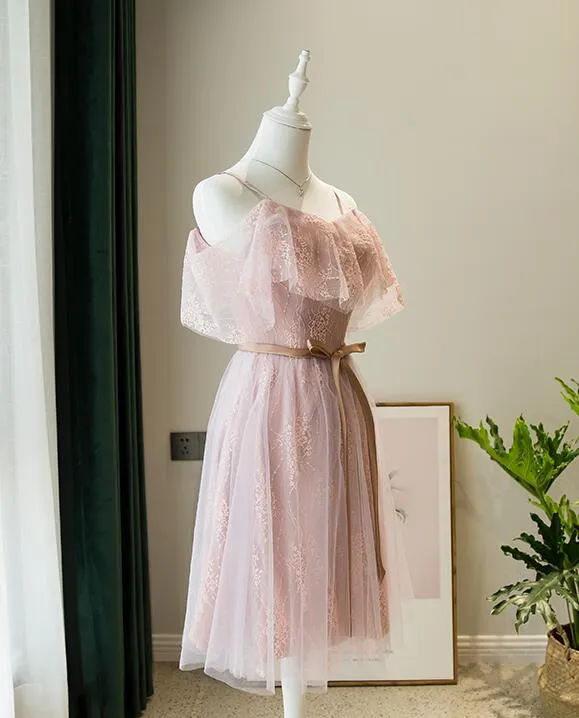 Pink Lace Straps Short Bridesmaid Dress, Lace Short Prom Dress, Homecoming Dress
