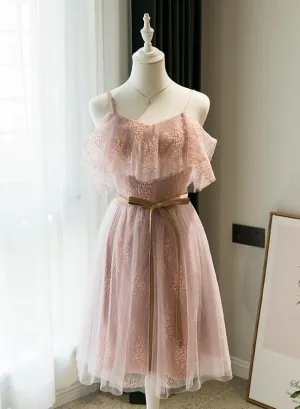 Pink Lace Straps Short Bridesmaid Dress, Lace Short Prom Dress, Homecoming Dress