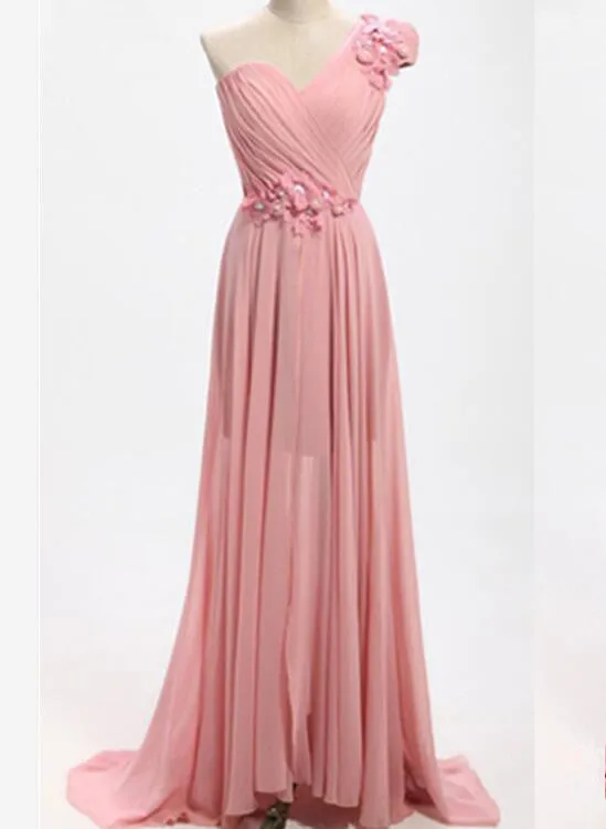Pink One Shoulder Bridesmaid Dresses, Floor Length Prom Dresses, Wedding Party Dresses