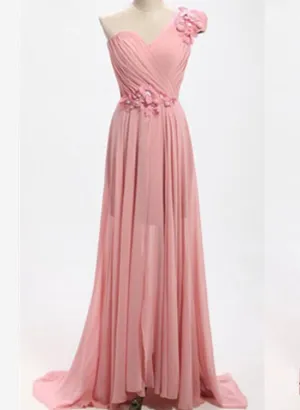 Pink One Shoulder Bridesmaid Dresses, Floor Length Prom Dresses, Wedding Party Dresses