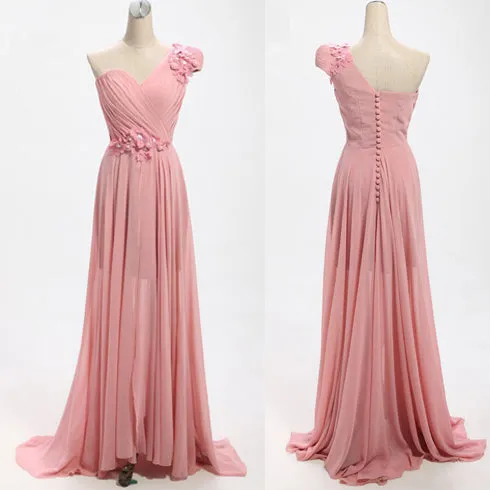 Pink One Shoulder Bridesmaid Dresses, Floor Length Prom Dresses, Wedding Party Dresses
