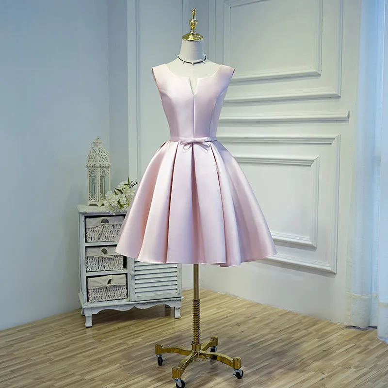 Pink Short Satin Knee Length Homecoming Dress, Pink Prom Dress