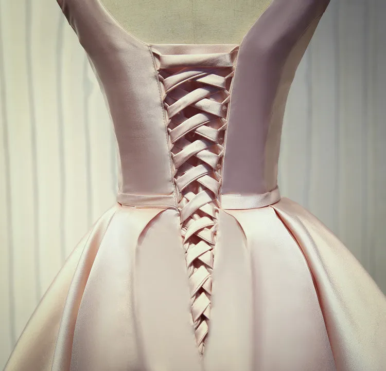 Pink Short Satin Knee Length Homecoming Dress, Pink Prom Dress